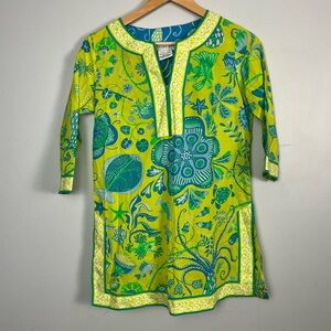 Gretchen Scott Deisgns cotton split neck tunic - green blue printed size XXS